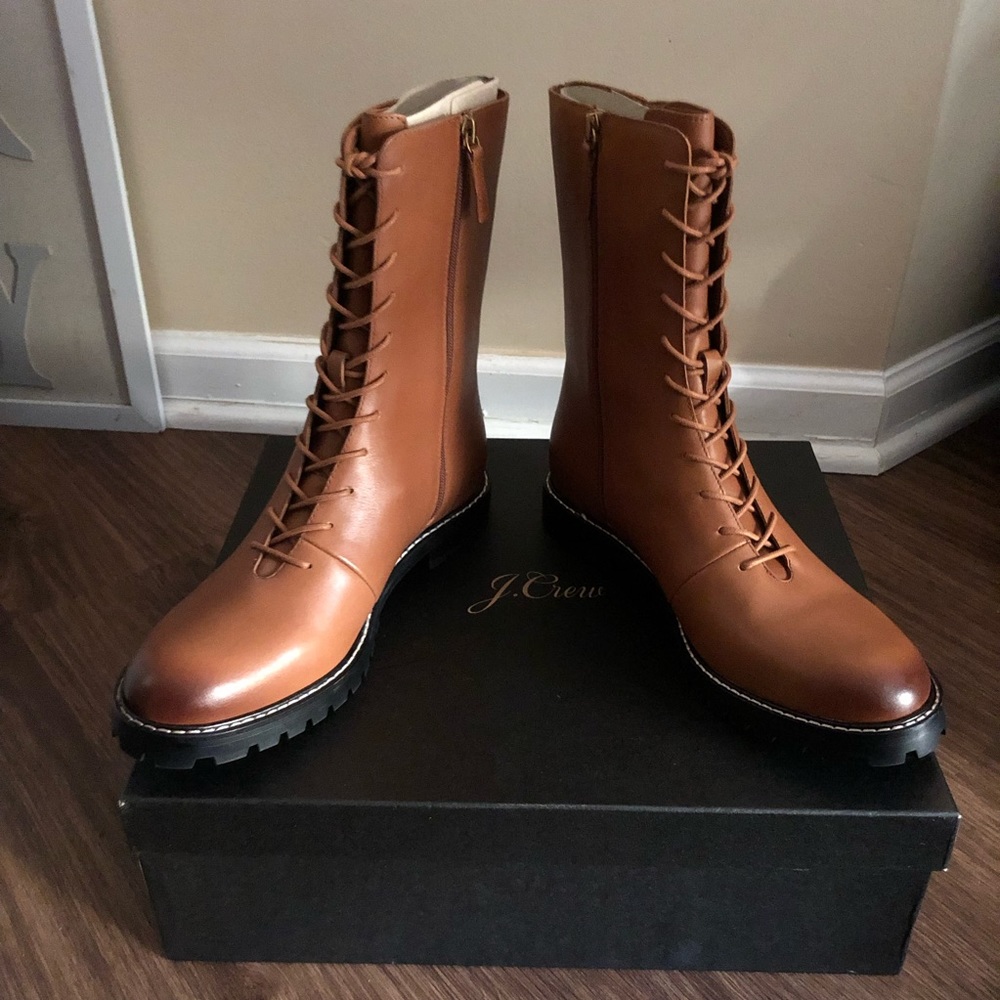 J CREW | Rich Oak Gwen Lug-Sole Leather Lace-Up Tall Shaft Boots | Size 9.5 - Picture 4 of 15